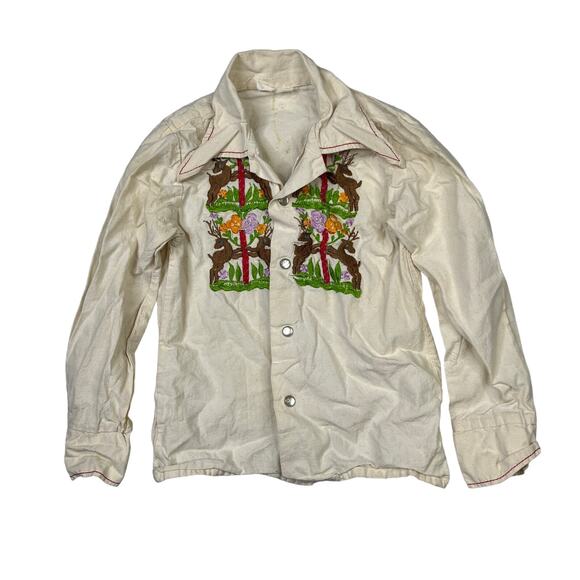 American Vintage Other - Vintage 60s 70s Embroidered Pearl Snap Big Collar Shirt Deer Floral Youth XS